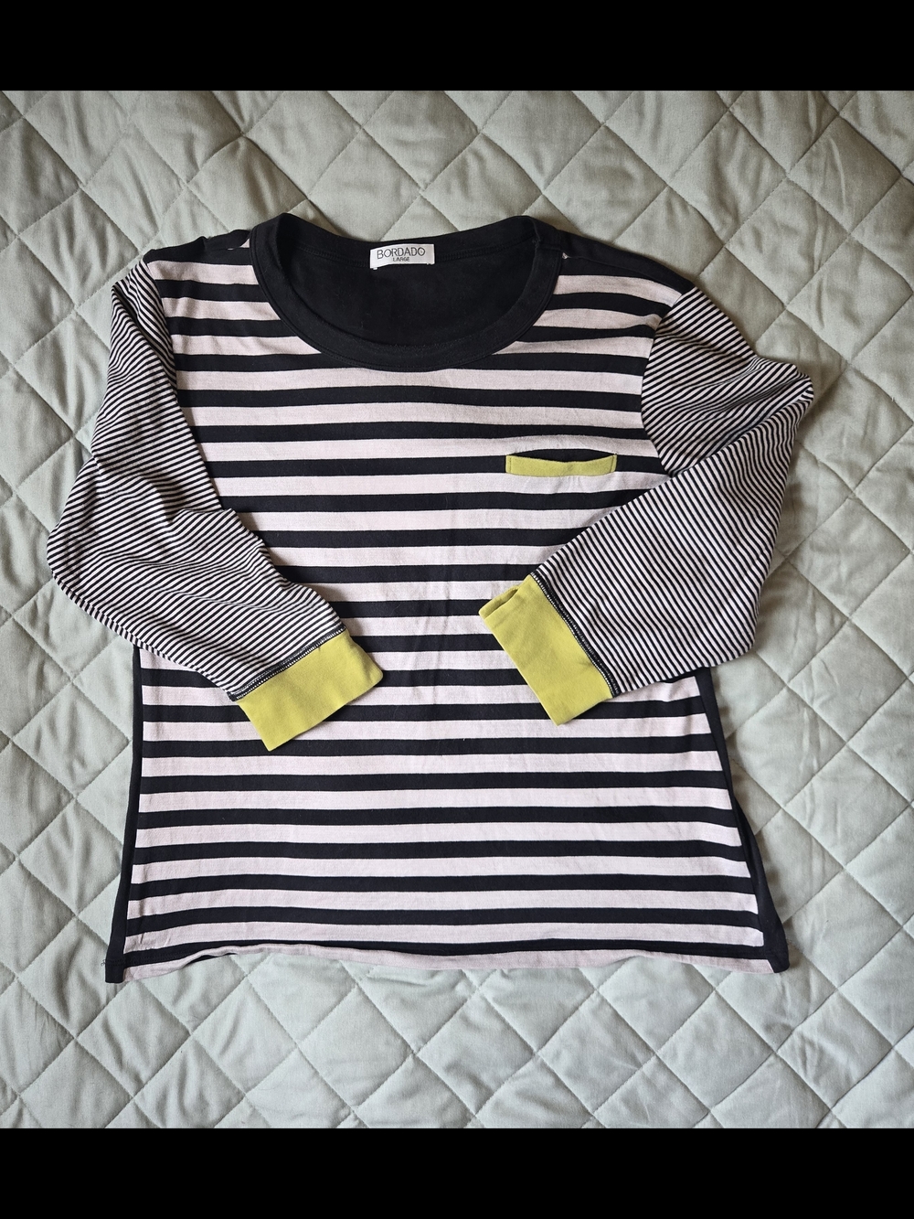Striped Long Sleeve Pocket Tee with Yellow Trim